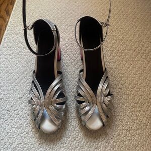 Silver heels with pink block heel